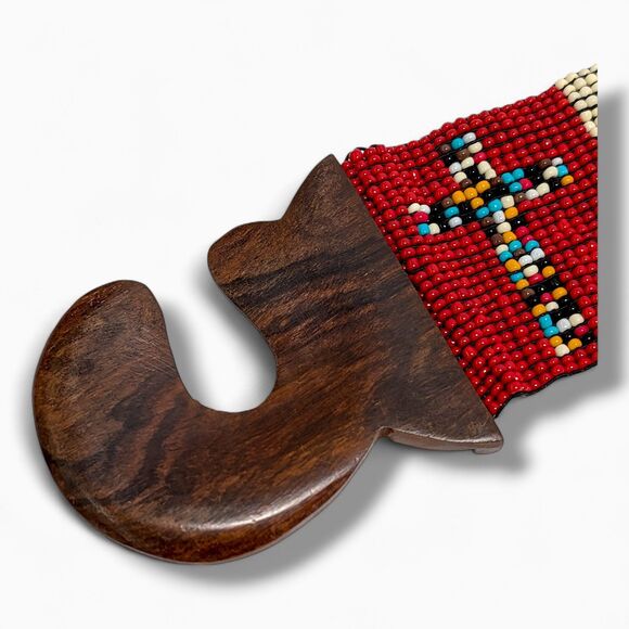 Vintage Native Style Beaded Belt Red Cream Wooden Buckle Boho Western main image 8